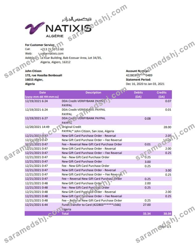 Algeria Natixis Algerie bank statement template in Excel and PDF format